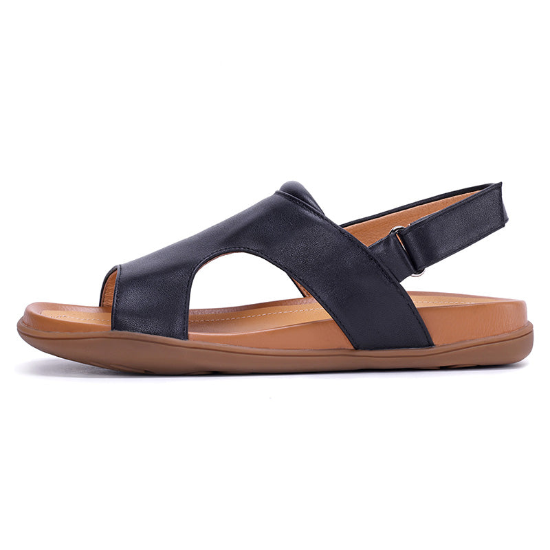 Sandales en cuir ouvertes à talon slingback plates pour femmes avec velcro en noir/beige