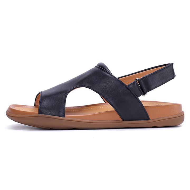 Sandales en cuir ouvertes à talon slingback plates pour femmes avec velcro en noir/beige