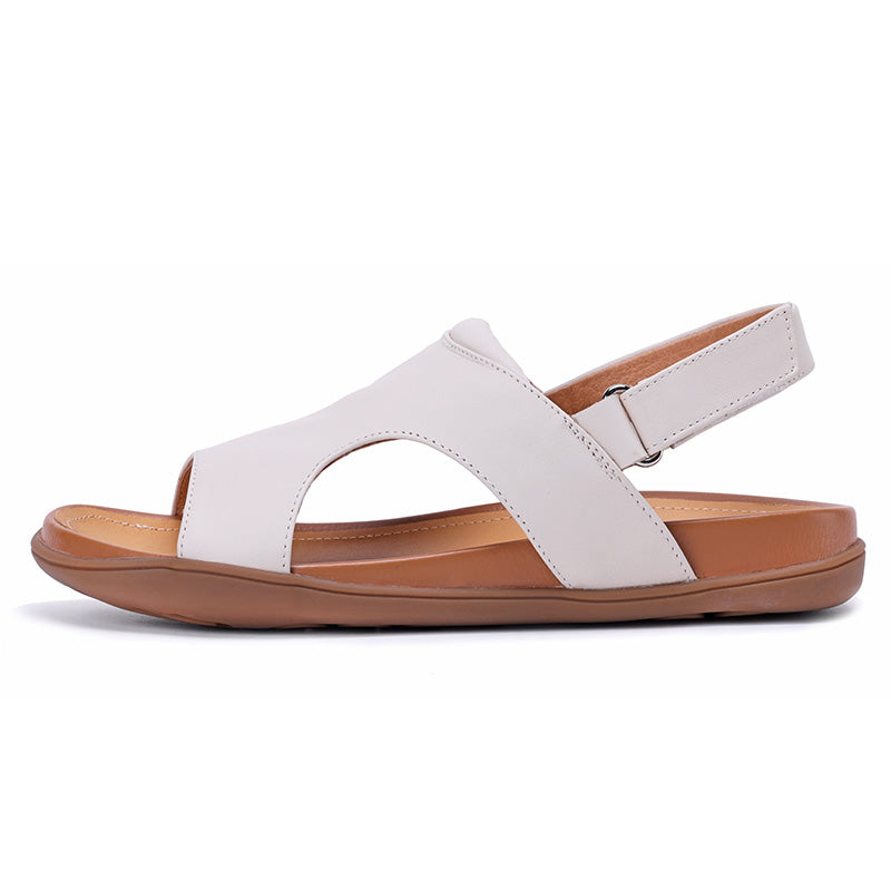 Sandales en cuir ouvertes à talon slingback plates pour femmes avec velcro en noir/beige