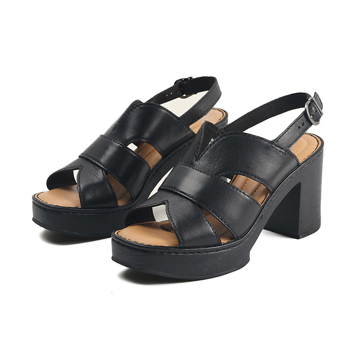 Sandales en cuir style pêcheur à talon bloc ouvert avec plateforme en abricot/marron/noir