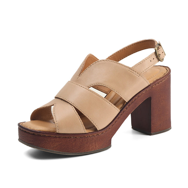 Sandales en cuir style pêcheur à talon bloc ouvert avec plateforme en abricot/marron/noir