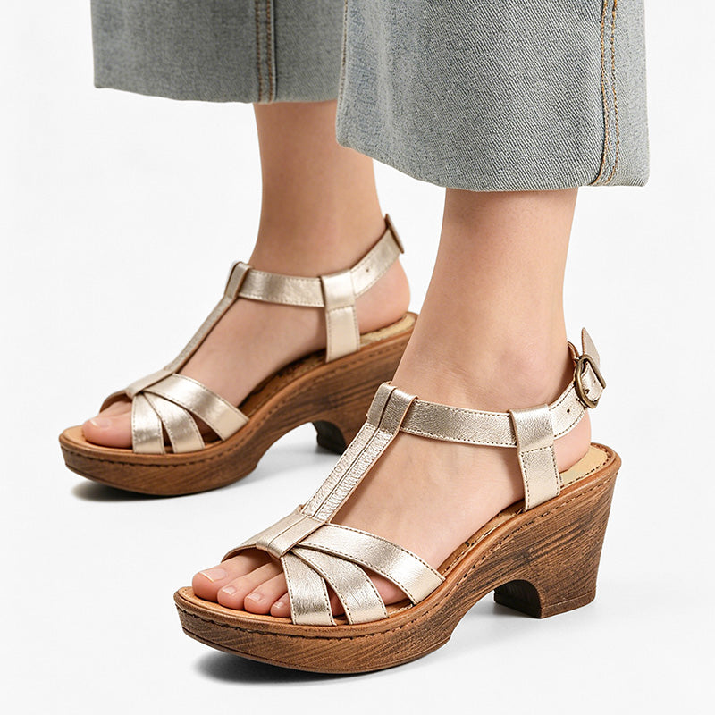 Sandales à talon compensé T-Strap vintage faites à la main pour femmes en beige/marron/or