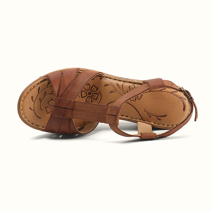 Sandales à talon compensé T-Strap vintage faites à la main pour femmes en beige/marron/or