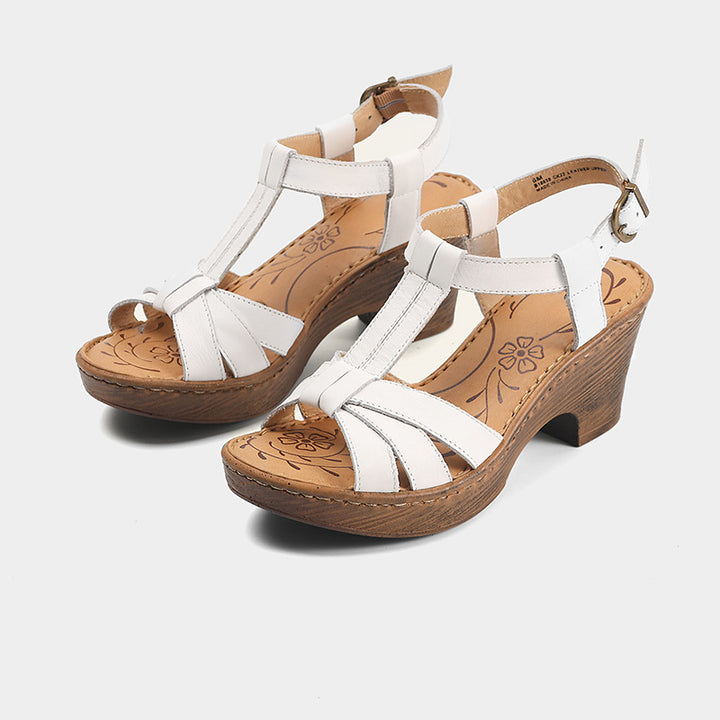 Sandales à talon compensé T-Strap vintage faites à la main pour femmes en beige/marron/or