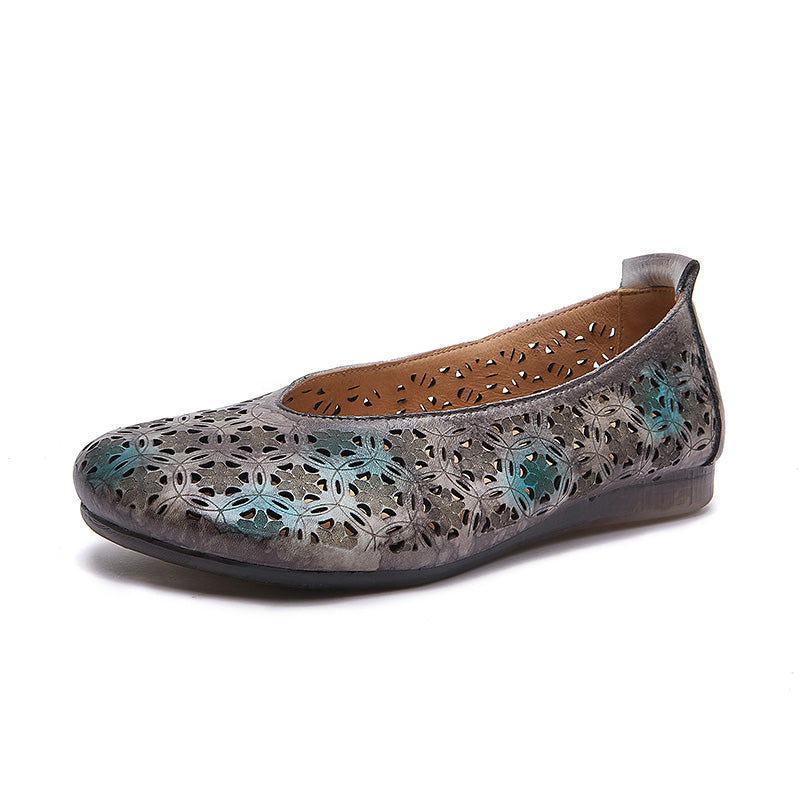 Mocassins en cuir perforé rétro Boho à enfiler pour femmes en marron/gris