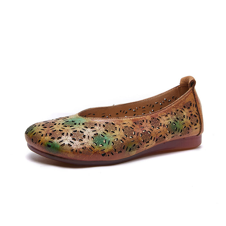 Mocassins en cuir perforé rétro Boho à enfiler pour femmes en marron/gris