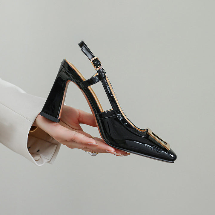 Sandales à talon bloc en cuir verni avec boucle carrée de 86 mm en noir/beige/argent