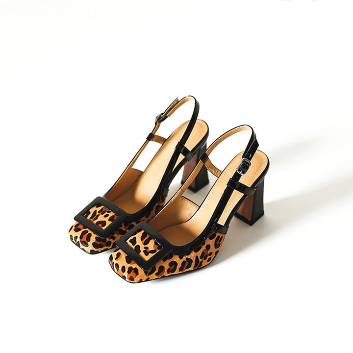 Sandales à talon bloc en cuir avec boucle carrée de 86 mm en poil de poney chic en 3 couleurs