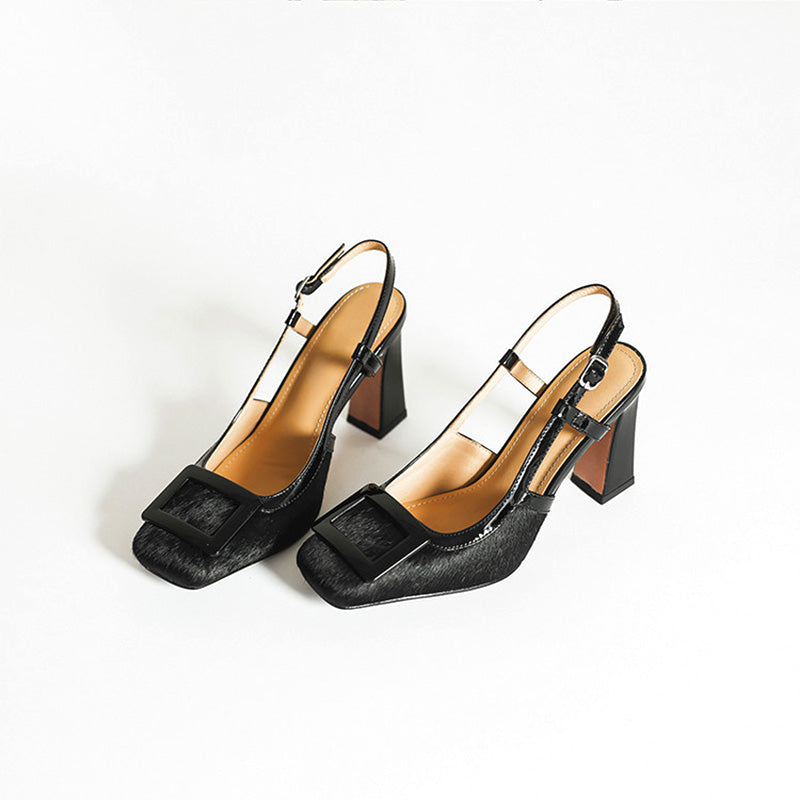 Sandales à talon bloc en cuir avec boucle carrée de 86 mm en poil de poney chic en 3 couleurs
