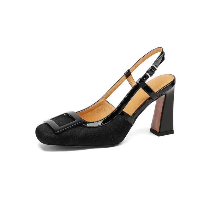 Sandales à talon bloc en cuir avec boucle carrée de 86 mm en poil de poney chic en 3 couleurs