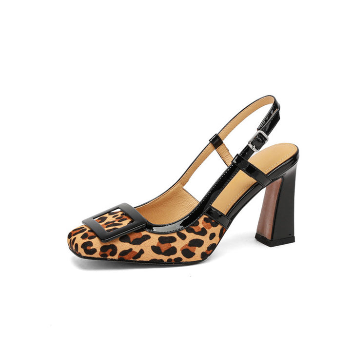 Sandales à talon bloc en cuir avec boucle carrée de 86 mm en poil de poney chic en 3 couleurs
