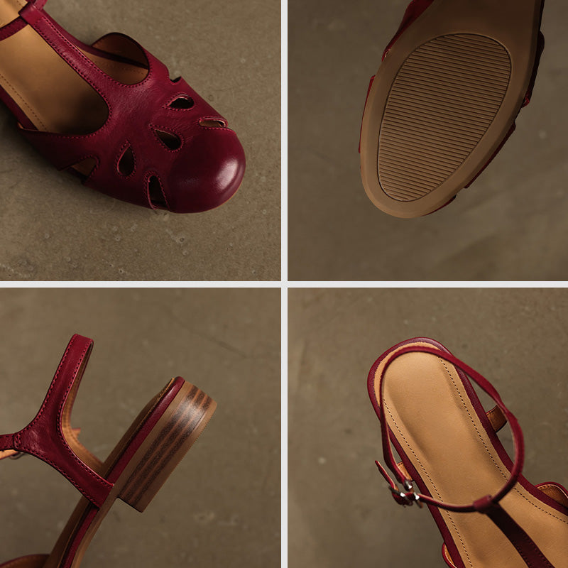 Sandales Mary Jane en cuir à bout fermé vintage avec découpes T-Strap en beige/noir/rouge vin