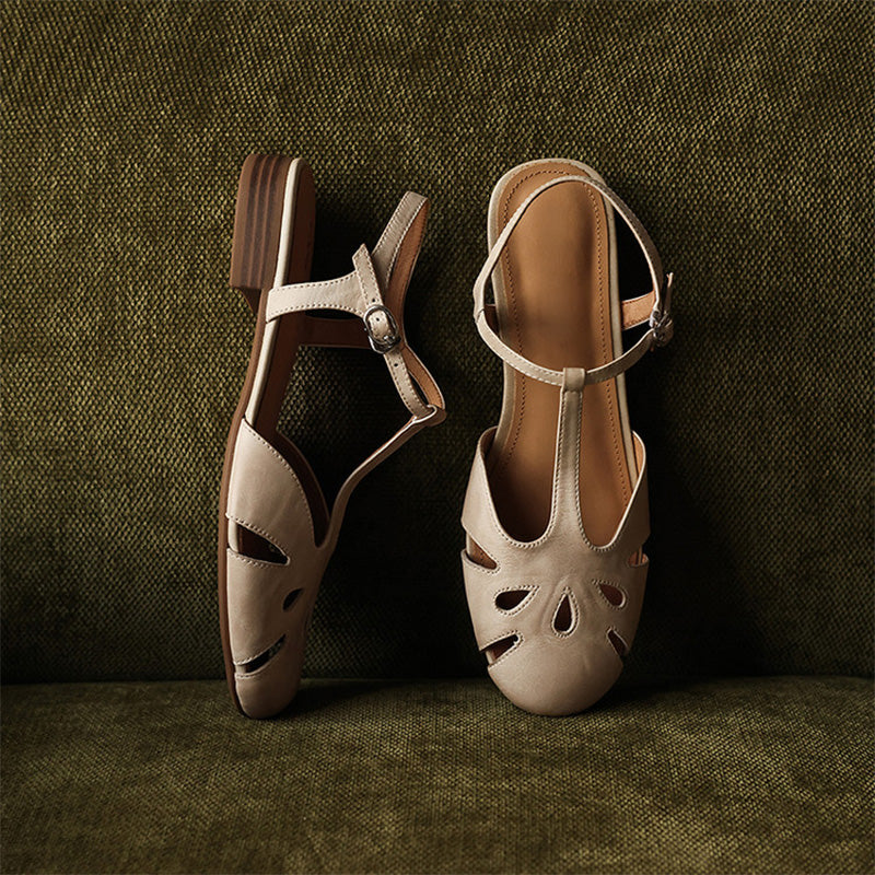 Sandales Mary Jane en cuir à bout fermé vintage avec découpes T-Strap en beige/noir/rouge vin