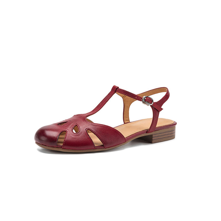 Sandales Mary Jane en cuir à bout fermé vintage avec découpes T-Strap en beige/noir/rouge vin