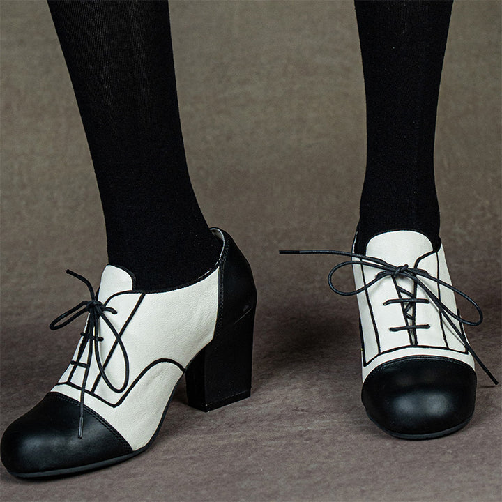 Victorian Handmade Two-Tone Oxford Shoes Vintage Lace-Up Lolita Cosplay Heels in Black and White