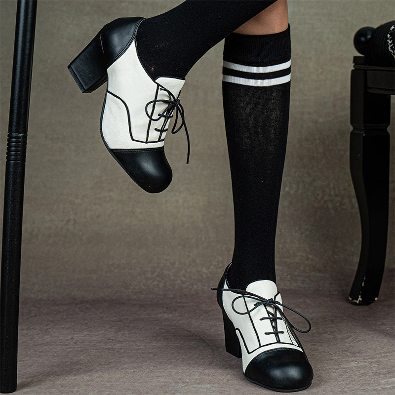 Victorian Handmade Two-Tone Oxford Shoes Vintage Lace-Up Lolita Cosplay Heels in Black and White