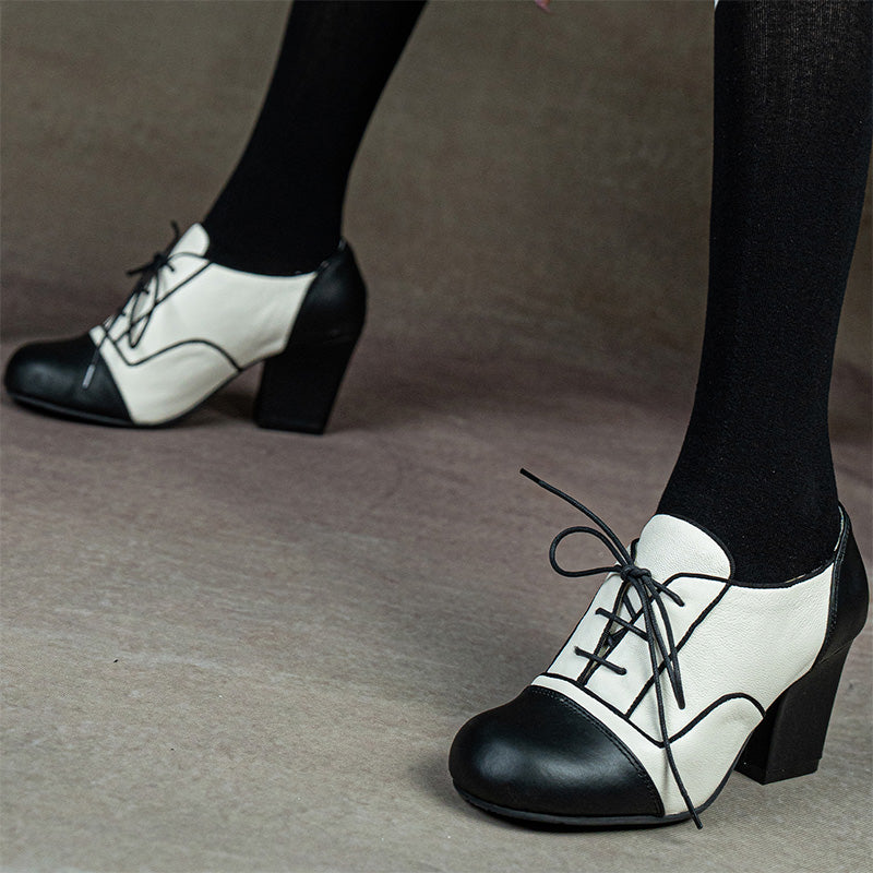 Victorian Handmade Two-Tone Oxford Shoes Vintage Lace-Up Lolita Cosplay Heels in Black and White