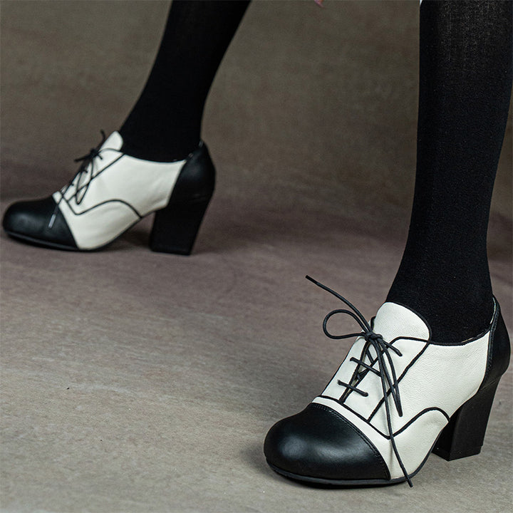 Victorian Handmade Two-Tone Oxford Shoes Vintage Lace-Up Lolita Cosplay Heels in Black and White