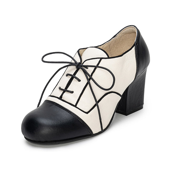 Victorian Handmade Two-Tone Oxford Shoes Vintage Lace-Up Lolita Cosplay Heels in Black and White
