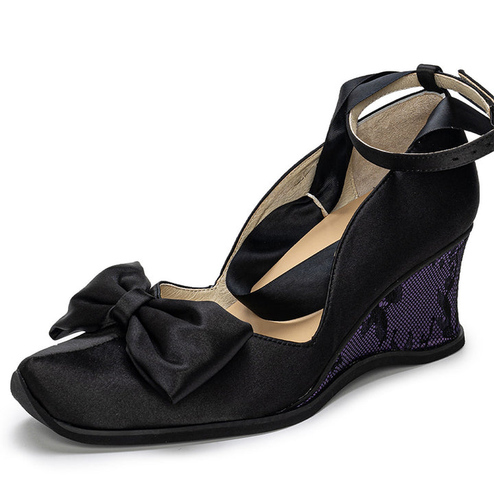 Gothic Lolita Black Satin Wedge Heels Handmade Square Toe Bow Shoes in Blue/Green/Purple