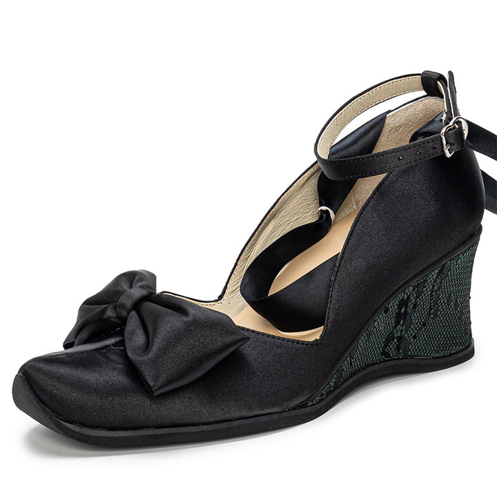 Gothic Lolita Black Satin Wedge Heels Handmade Square Toe Bow Shoes in Blue/Green/Purple