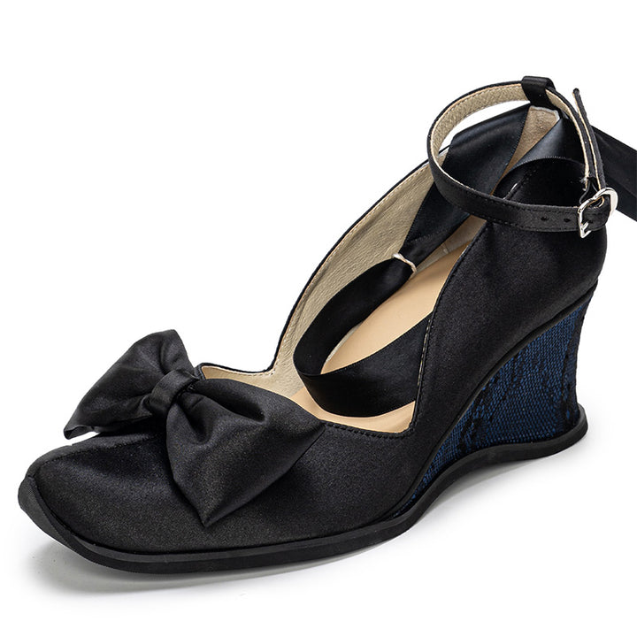 Gothic Lolita Black Satin Wedge Heels Handmade Square Toe Bow Shoes in Blue/Green/Purple