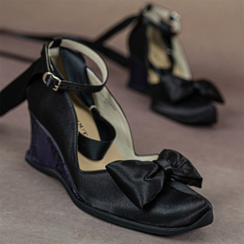Gothic Lolita Black Satin Wedge Heels Handmade Square Toe Bow Shoes in Blue/Green/Purple