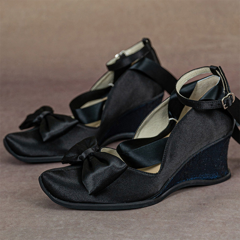 Gothic Lolita Black Satin Wedge Heels Handmade Square Toe Bow Shoes in Blue/Green/Purple