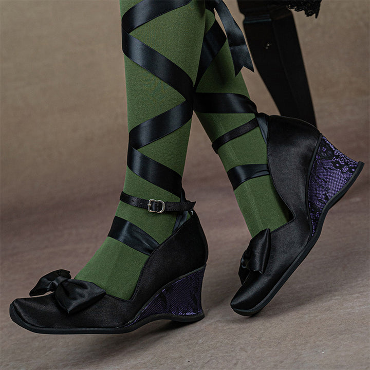 Gothic Lolita Black Satin Wedge Heels Handmade Square Toe Bow Shoes in Blue/Green/Purple
