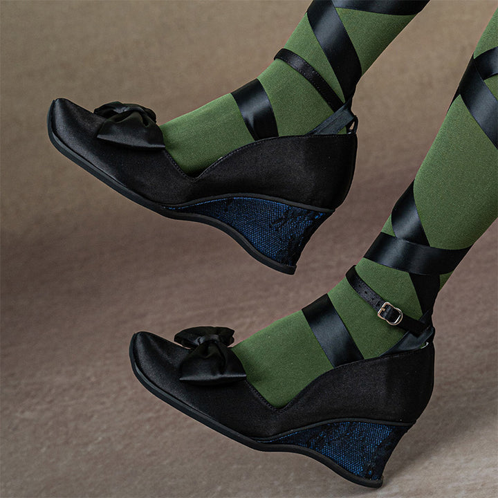 Gothic Lolita Black Satin Wedge Heels Handmade Square Toe Bow Shoes in Blue/Green/Purple