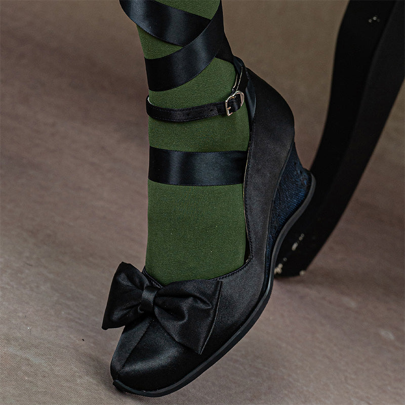 Gothic Lolita Black Satin Wedge Heels Handmade Square Toe Bow Shoes in Blue/Green/Purple