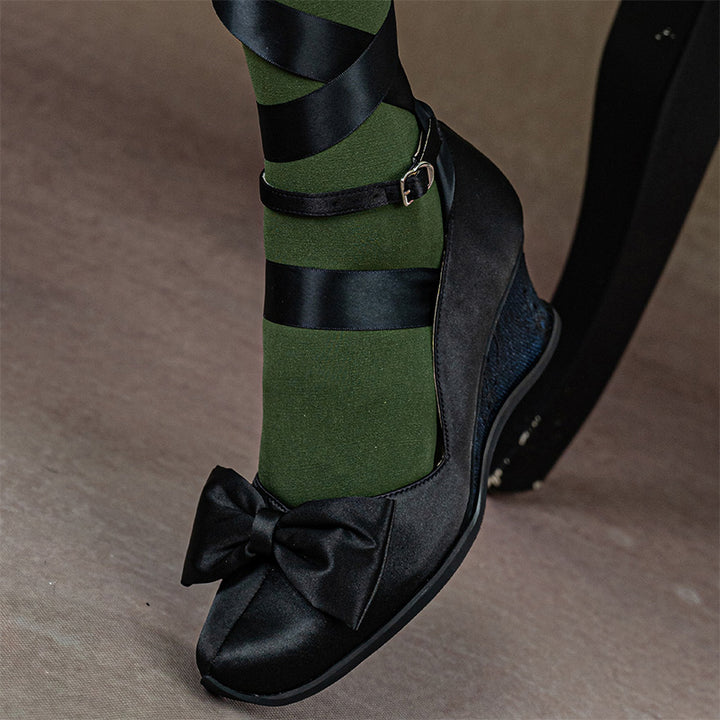 Gothic Lolita Black Satin Wedge Heels Handmade Square Toe Bow Shoes in Blue/Green/Purple
