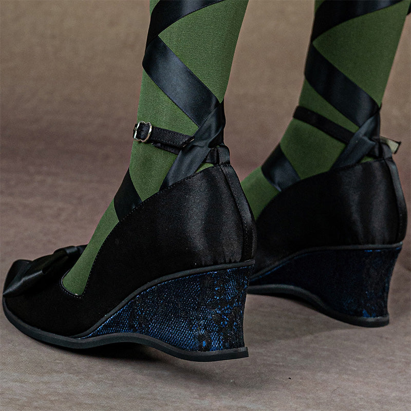 Gothic Lolita Black Satin Wedge Heels Handmade Square Toe Bow Shoes in Blue/Green/Purple