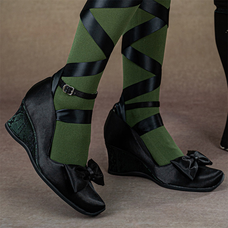 Gothic Lolita Black Satin Wedge Heels Handmade Square Toe Bow Shoes in Blue/Green/Purple