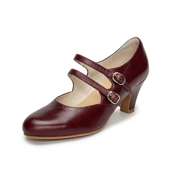 Pompes Mary Jane à double bride en cuir ciré vintage faites à la main en rouge/rouge vin/cognac