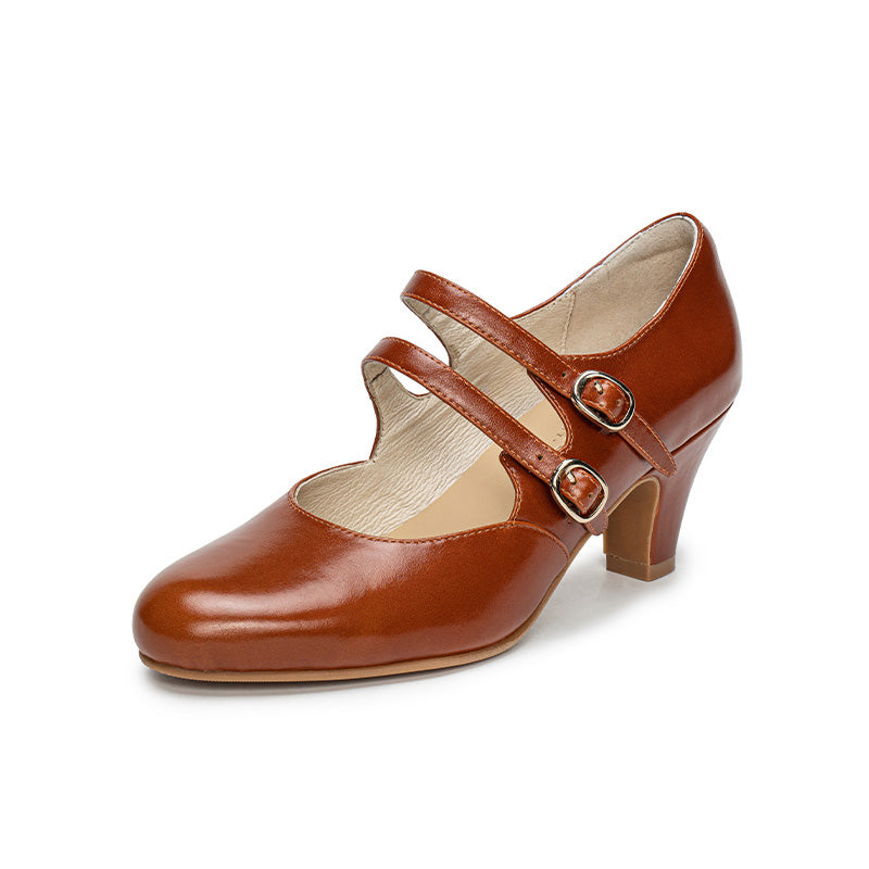 Pompes Mary Jane à double bride en cuir ciré vintage faites à la main en rouge/rouge vin/cognac