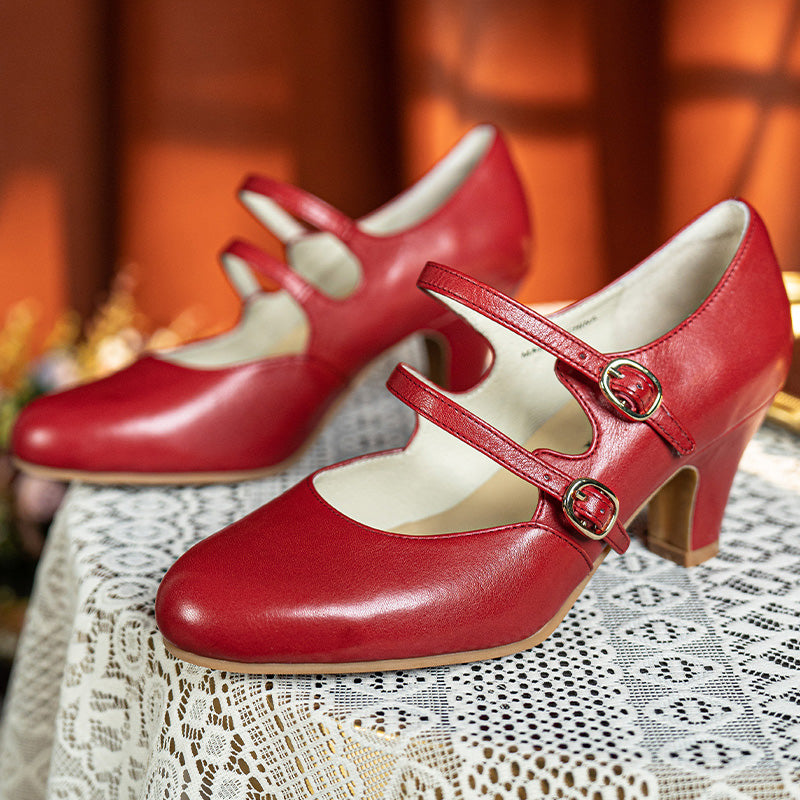 Pompes Mary Jane à double bride en cuir ciré vintage faites à la main en rouge/rouge vin/cognac