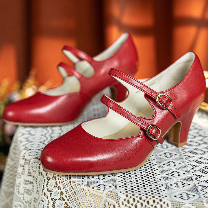 Pompes Mary Jane à double bride en cuir ciré vintage faites à la main en rouge/rouge vin/cognac