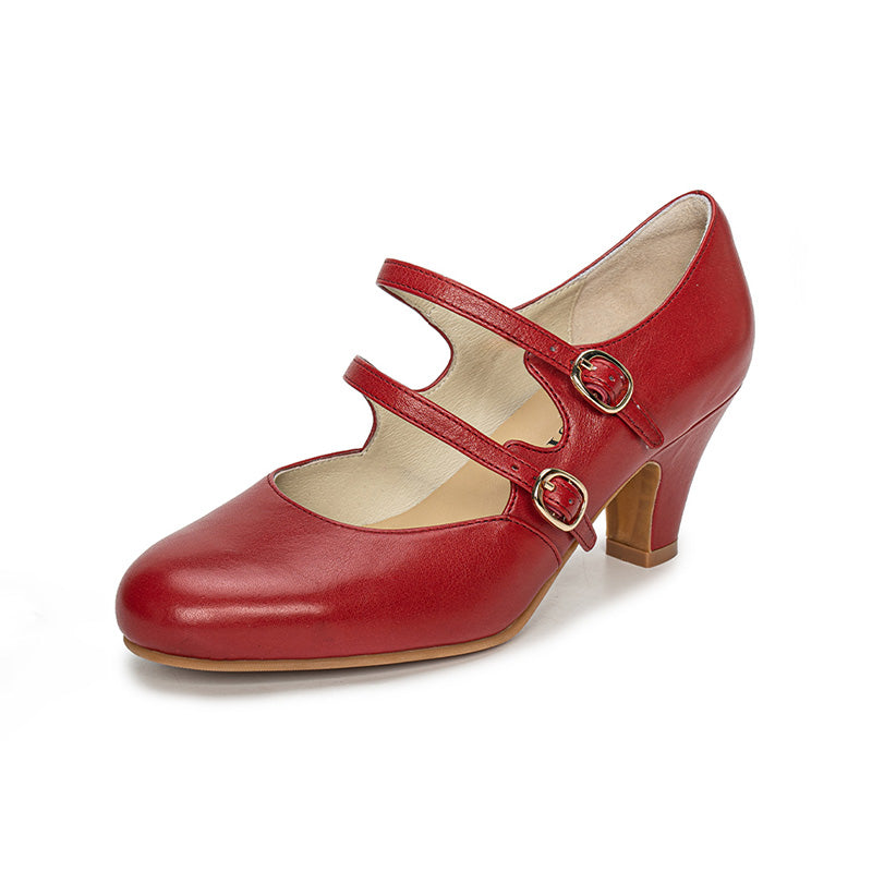 Pompes Mary Jane à double bride en cuir ciré vintage faites à la main en rouge/rouge vin/cognac