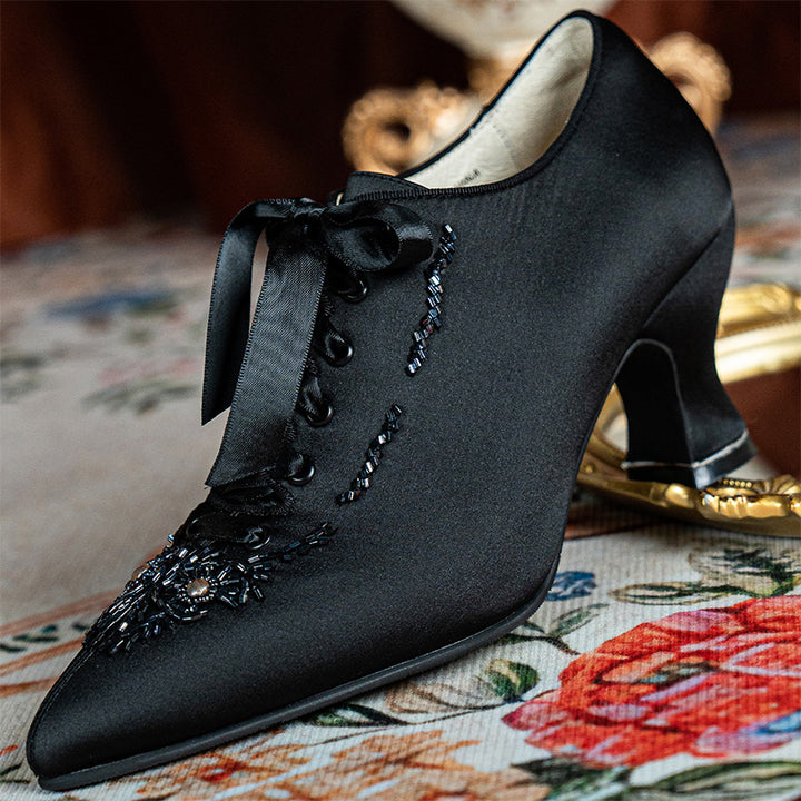 Edwardian Satin Oxford Heels with Beading Handmade Vintage Lace-Up Pumps in Black
