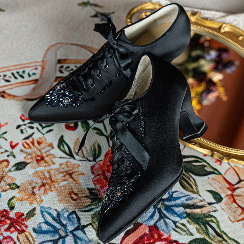 Edwardian Satin Oxford Heels with Beading Handmade Vintage Lace-Up Pumps in Black
