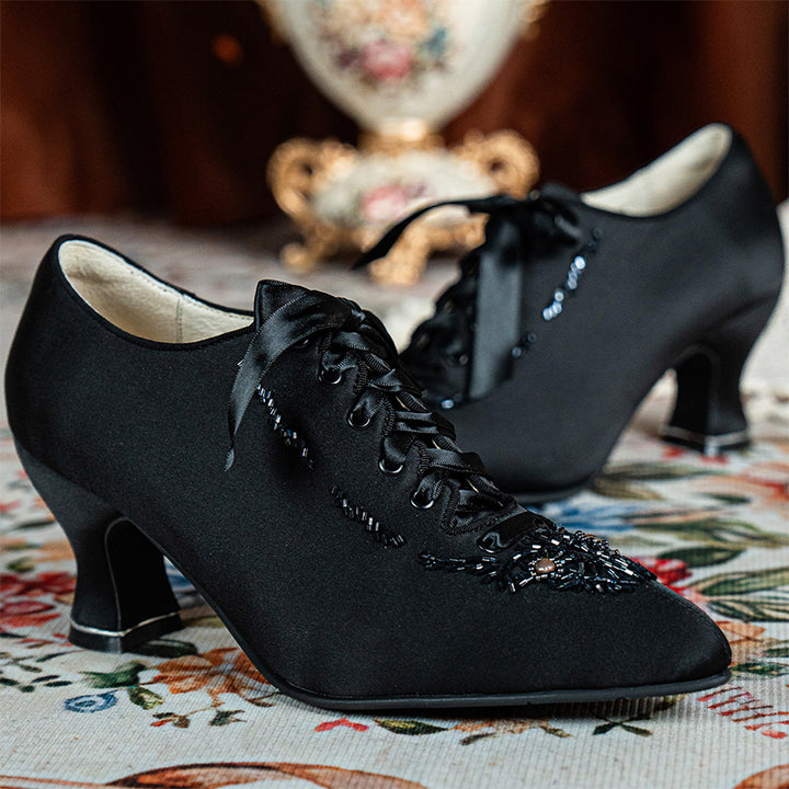 Edwardian Satin Oxford Heels with Beading Handmade Vintage Lace-Up Pumps in Black