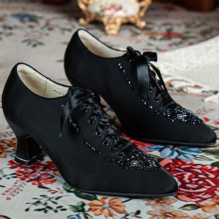 Edwardian Satin Oxford Heels with Beading Handmade Vintage Lace-Up Pumps in Black