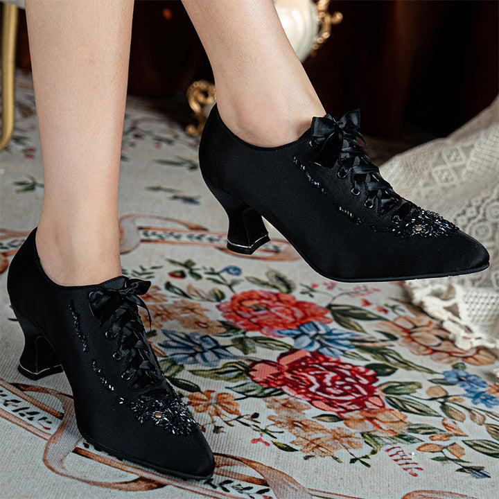 Edwardian Satin Oxford Heels with Beading Handmade Vintage Lace-Up Pumps in Black