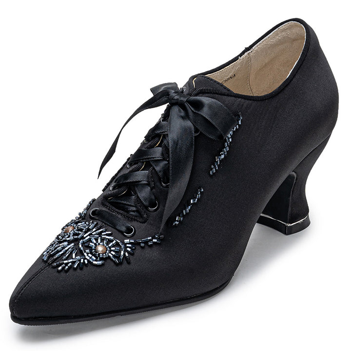 Edwardian Satin Oxford Heels with Beading Handmade Vintage Lace-Up Pumps in Black