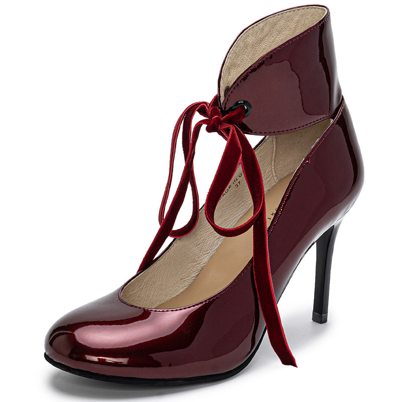 Escarpins Stiletto Gothiques Victoriens à Nœud de 90 mm avec Bride de Cheville Vintage en Noir/Rouge Vin