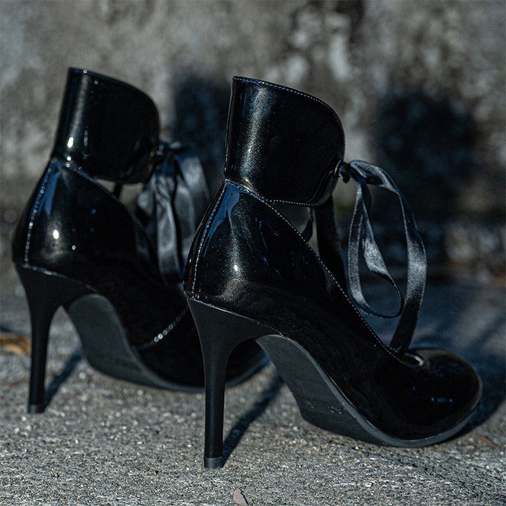 Escarpins Stiletto Gothiques Victoriens à Nœud de 90 mm avec Bride de Cheville Vintage en Noir/Rouge Vin