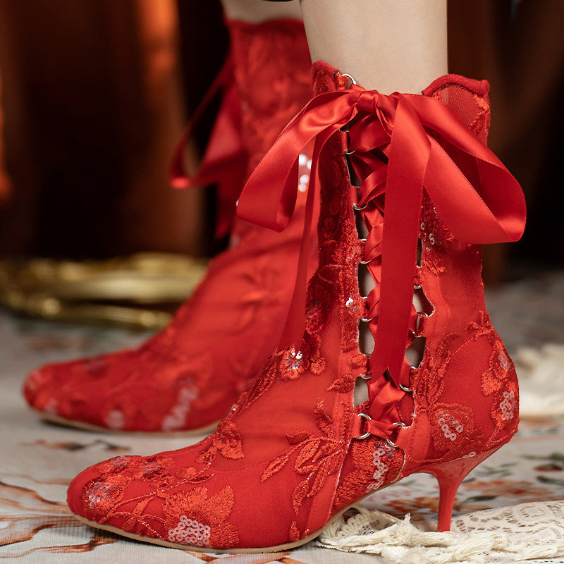 Bottes de mariée en dentelle victorienne faites à la main avec talon aiguille en dentelle édouardienne en 4 couleurs