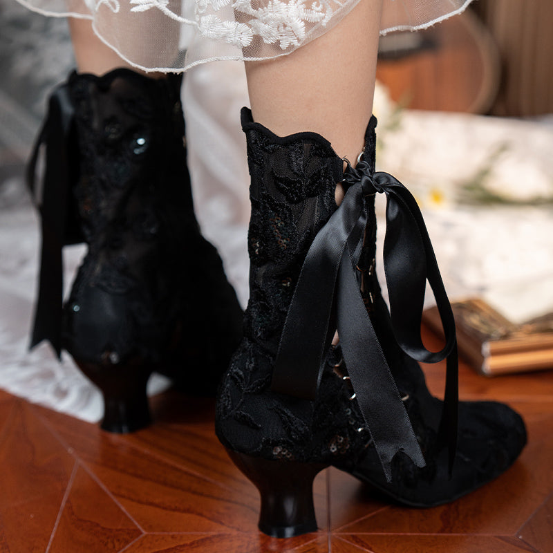 Handmade Victorian Edwardian Lace-Up Bridal Boots Vintage Embroidered Wedding Short Boots in Red/Black/Beige