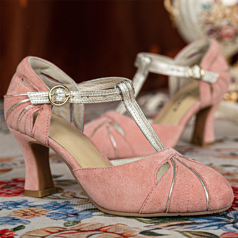Pompes Mary Jane à talon bloc en cuir suédé faites à la main avec découpes T-Strap en rose